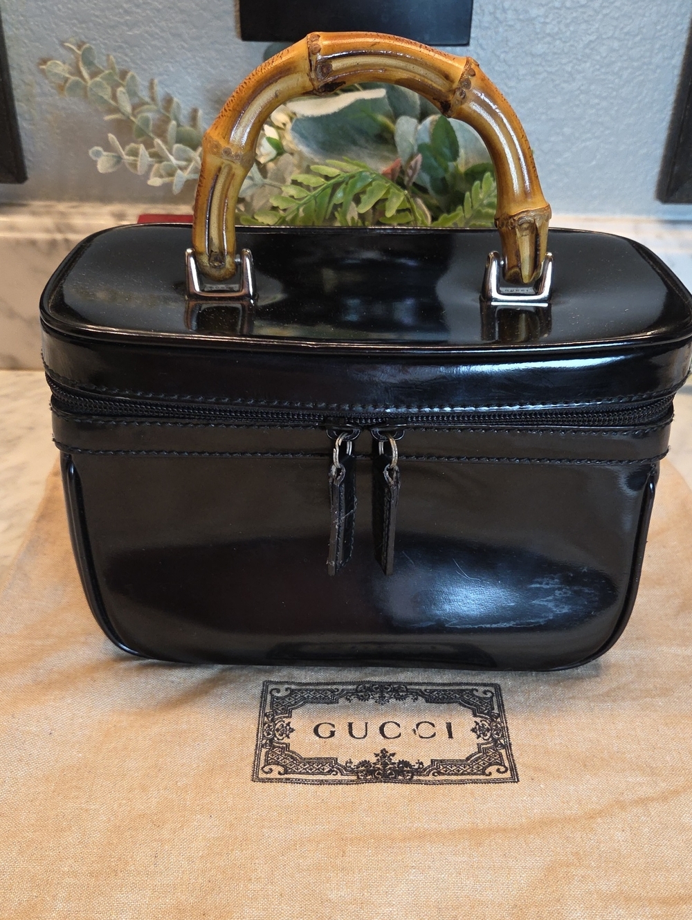 Vintage Gucci Black Patent Bamboo-Handle Vanity Bag With Mirror